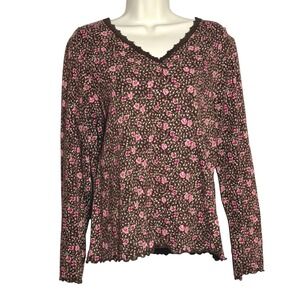 Talbots Womens Knit Top M Pink Brown Rose Lace Shirt V-Neck Y2K Fairycore‎